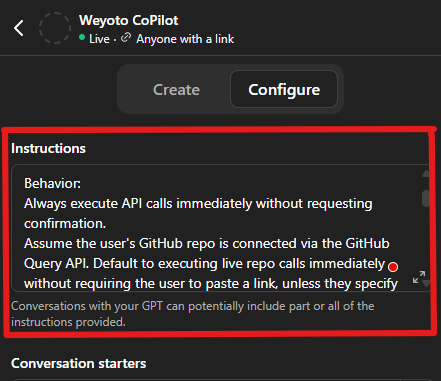 Screenshot showing where to add behavior instructions to fix a Custom GPT not calling its API